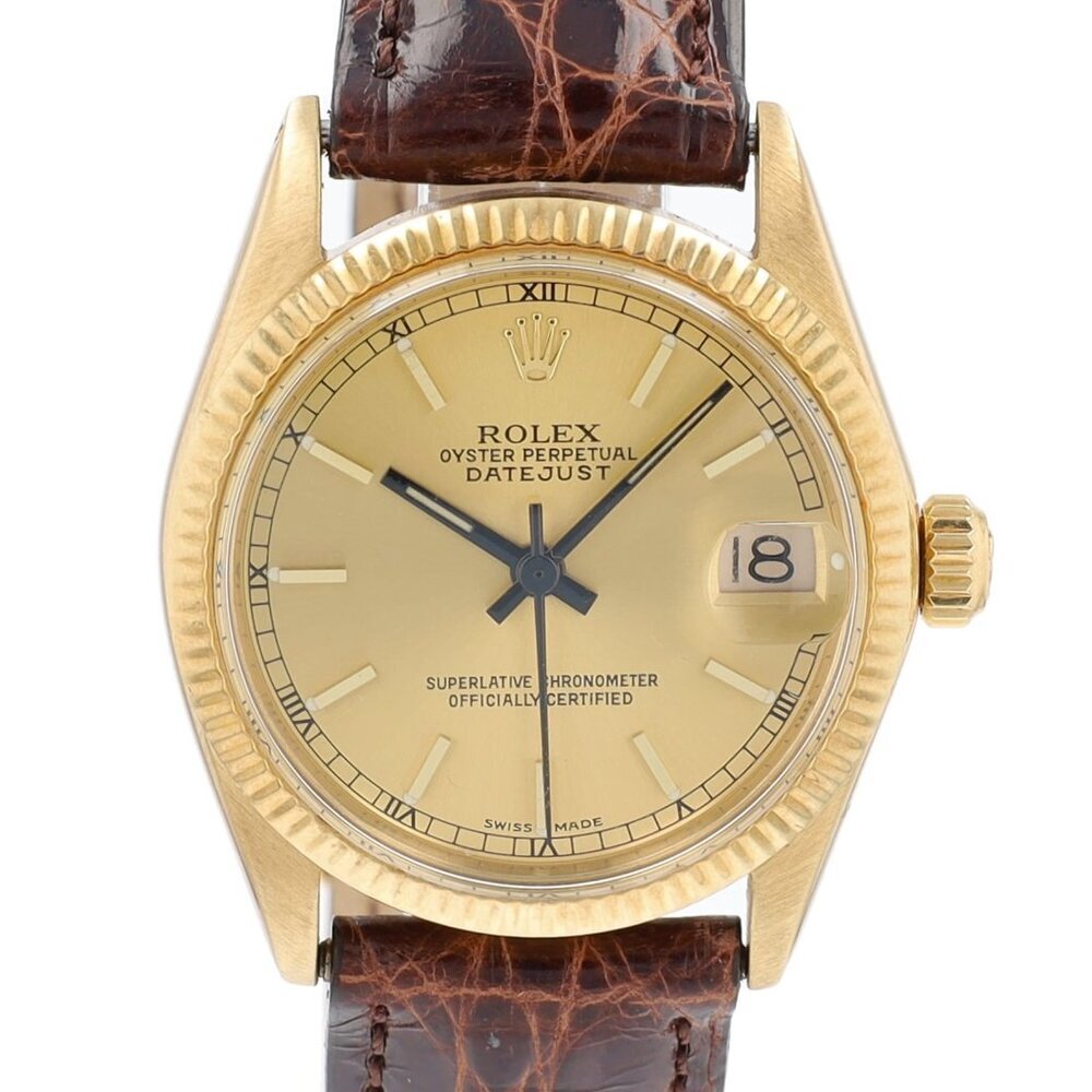Rolex Datejust  6827 31mm Champagne Index Dial Fluted Bezel Dark Brown Band